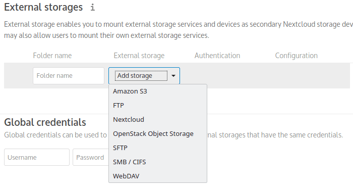 Nextcloud admin External storages panel showing how local or remote mounts are added.