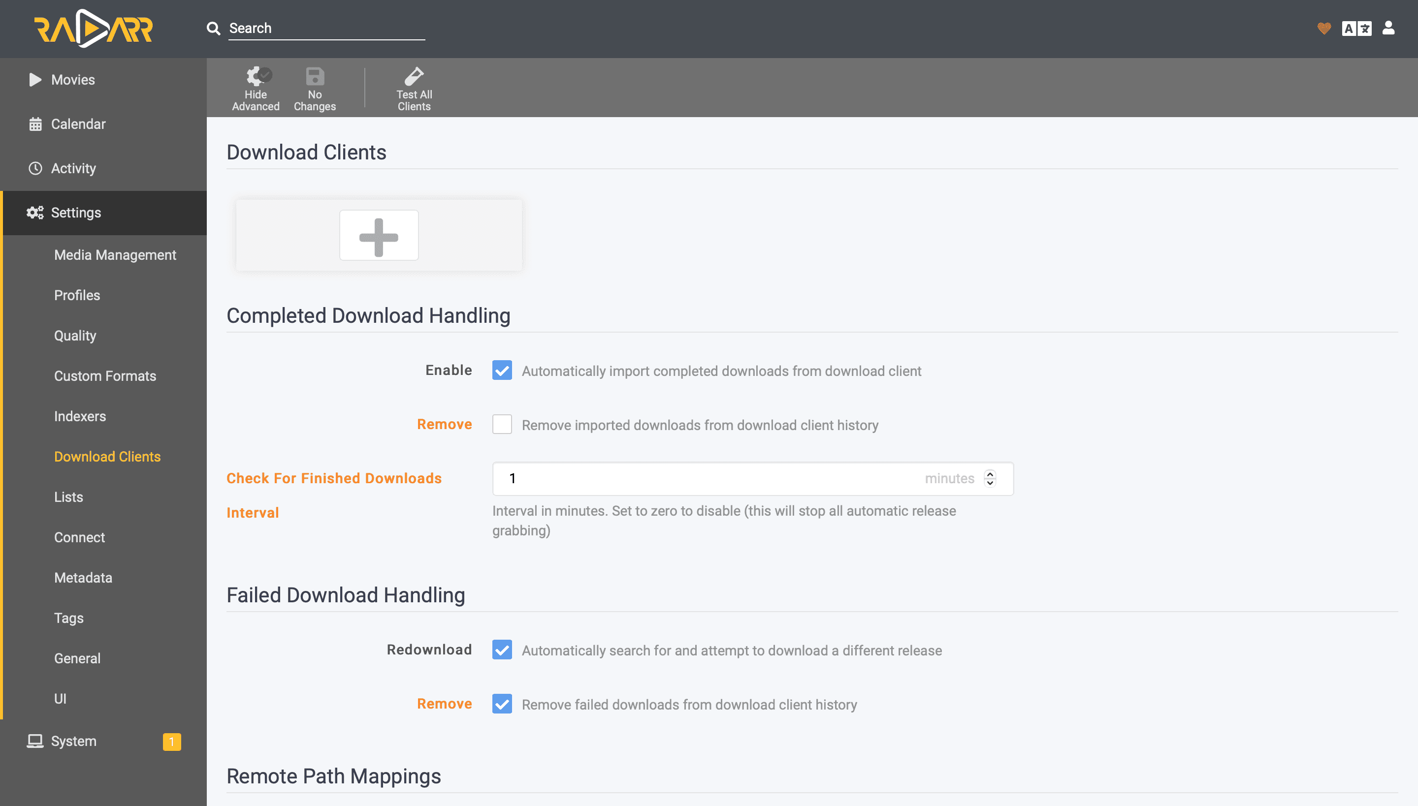 Radarr Settings → Download Clients illustrating Transmission-style client entries.